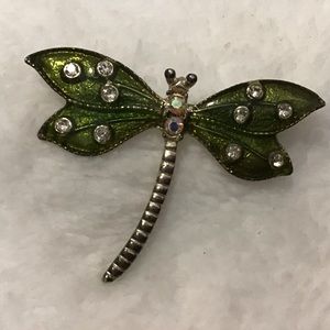 Dragonfly Green Enamel Brooch Rhinestones
